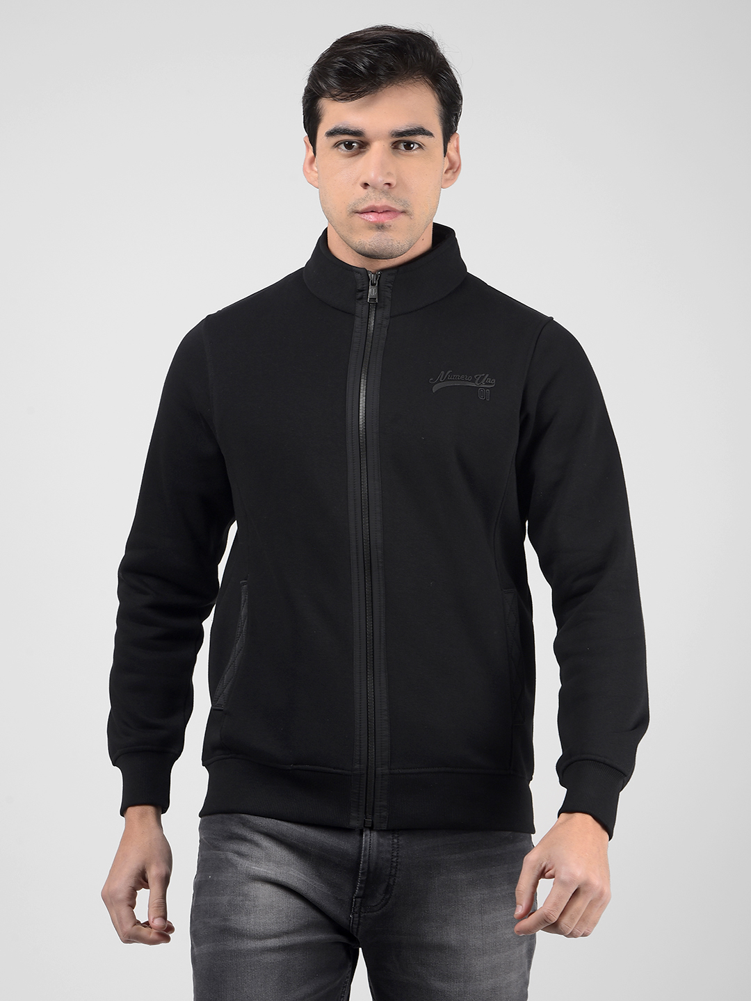 Numero Uno Men Solid Black Front Open Zipper Sweatshirt